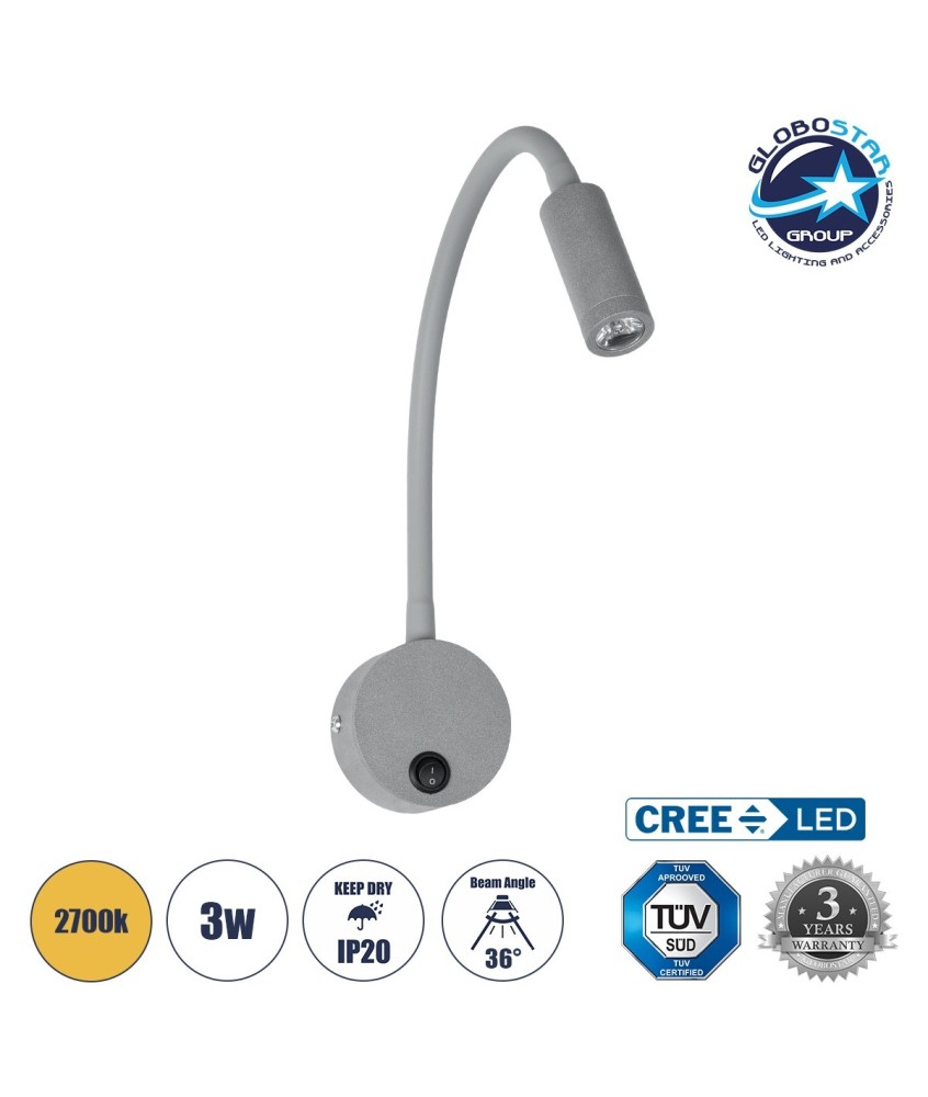 GLOBOSTAR® GOOSE 61689 Μοντέρνο Φωτιστικό Τοίχου - Απλίκα Ξενοδοχείου Reading Light LED 3W 300lm 36° AC 220-240V IP20 Θερμό Λευκό 2700K - CREE XPE Chip & TÜV SÜD Driver - Γκρι Ανθρακί Ματ - Μ6.5 x Π15 x Υ24.5cm - 3 Χρόνια Εγγύηση